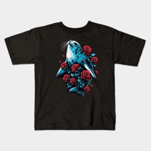 Cute Seal Red Roses Kids T-Shirt